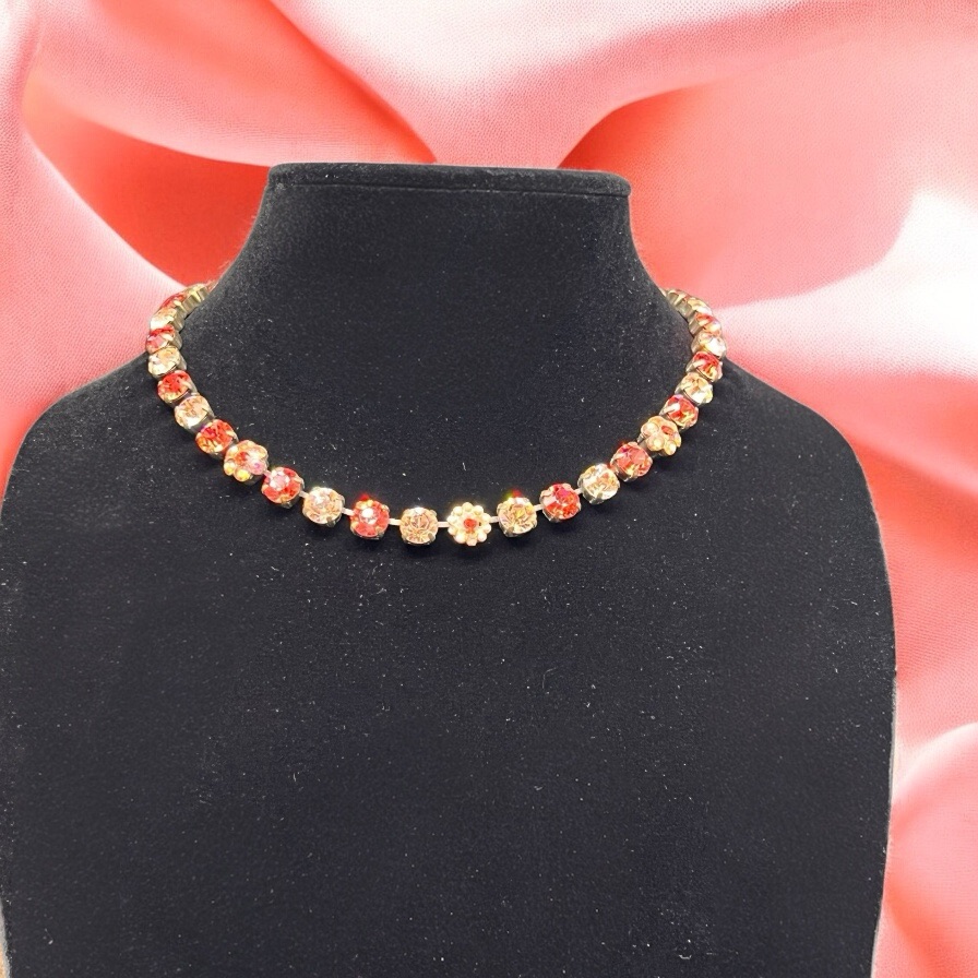 Rare Signed Van Galz Faceted Prong Set Swarovski Crystal Necklace Flowers Peach